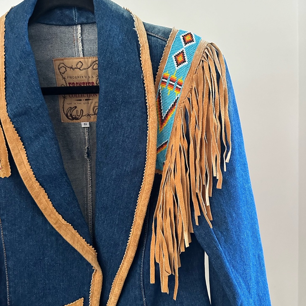 Vintage Pheonix USA Blue Denim Jacket with Fringe and Beaded Detail